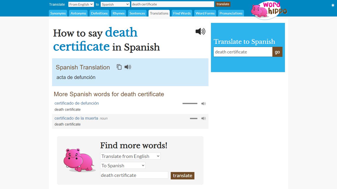 How to say death certificate in Spanish - wordhippo.com